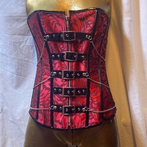 Red and black chained corset with buckles sz L